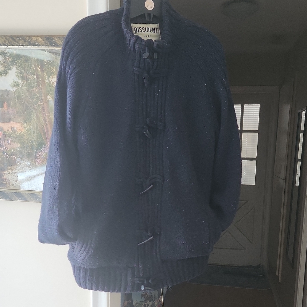 Sherpa lined b'ful chunky knit Navy Blue Cardigan ribbed edging by Dissident
